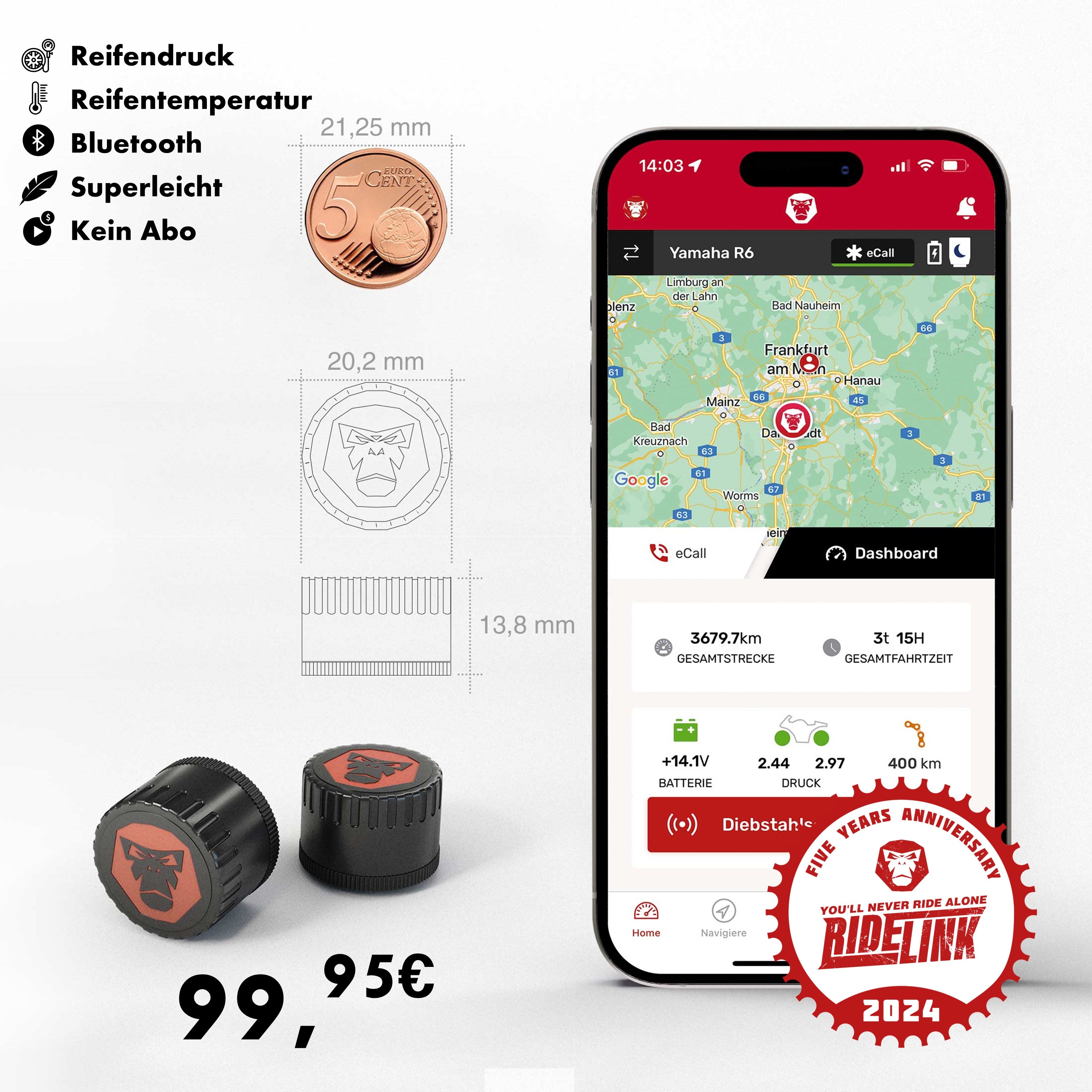 TireGuard RDKS Sensoren - Präzises Reifentemperatur- und Reifendruckkontrollsystem Motorrad, 2 x TPMS Reifendrucksensor 3,5" Ventil, Bluetooth 5.0, Navigation