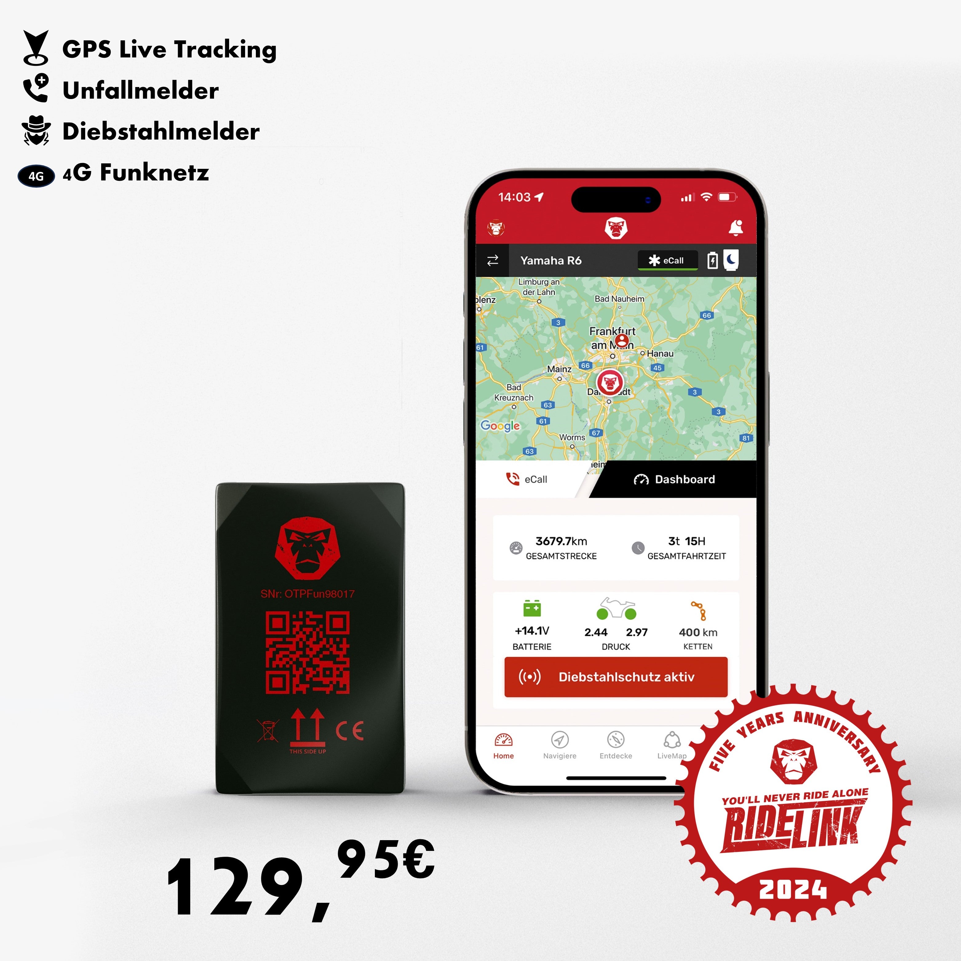WingMan 4G | GPS Tracker | Live Tracking | Unfallmelder | Diebstahlmelder | Inklusive Navigation und Routenplaner | Robust, IP54 Wasserdicht und Staubdicht
