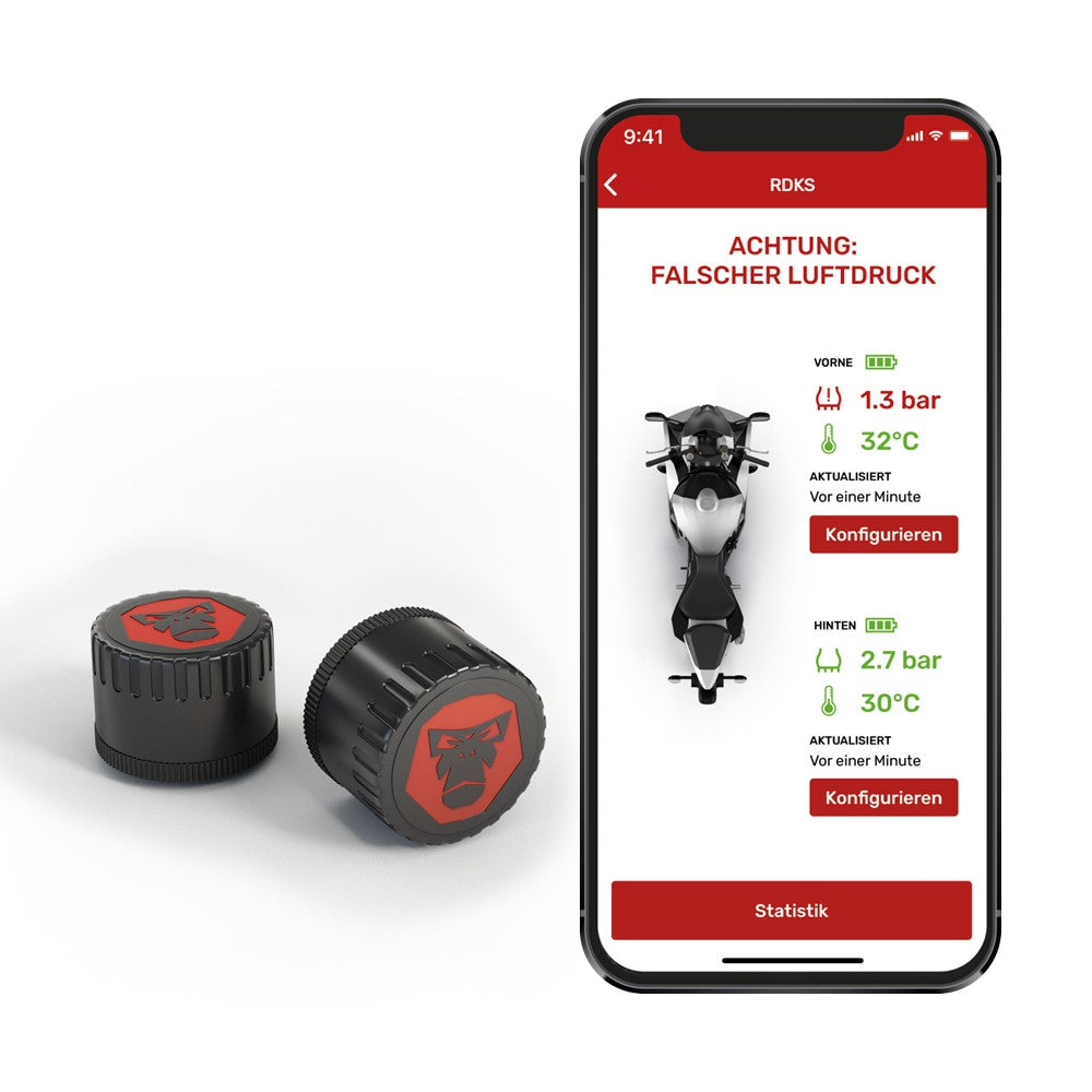 TireGuard RDKS Sensoren - Präzises Reifentemperatur- und Reifendruckkontrollsystem Motorrad, 2 x TPMS Reifendrucksensor 3,5" Ventil, Bluetooth 5.0, Navigation