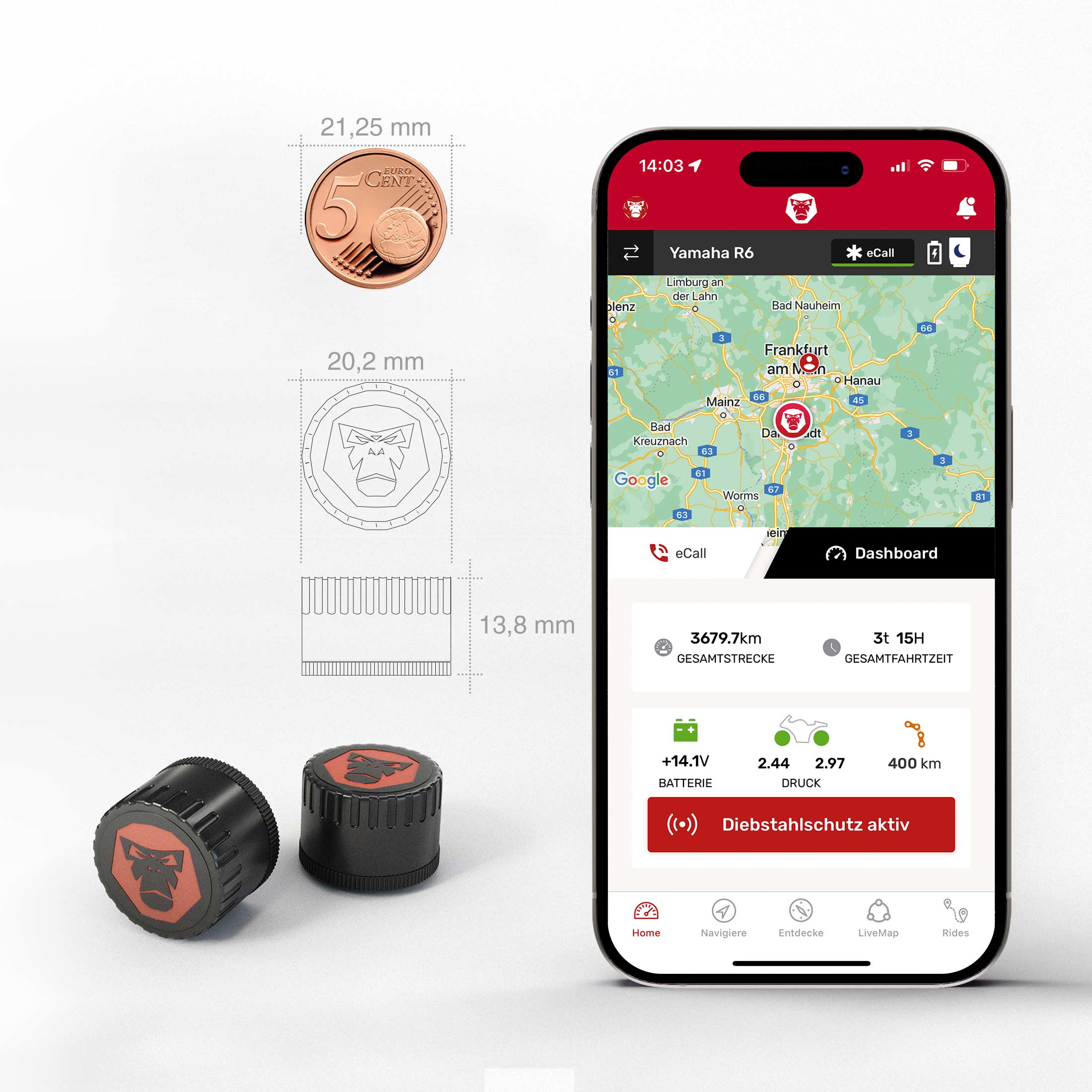 TireGuard RDKS Sensoren - Präzises Reifentemperatur- und Reifendruckkontrollsystem Motorrad, 2 x TPMS Reifendrucksensor 3,5" Ventil, Bluetooth 5.0, Navigation